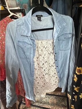 Rue21 Light Blue Denim Shirt with White Lace Detail
